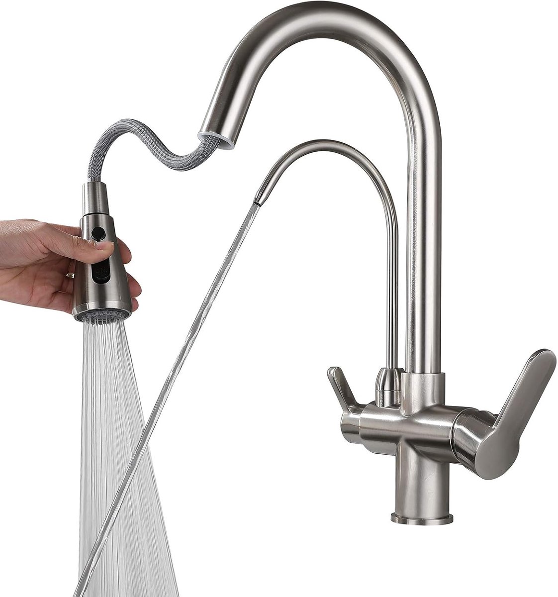 3-weg keukenkraan Keuken Drinkkranen Spoelbak Messing Draaibare Uitloop met 2 Handgrepen Mengkraan voor Aanrecht Keuken kranen met Pull Out Spray 3 Way Water Filter Taps-Tekening