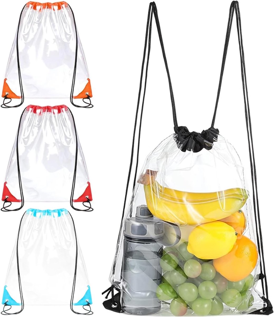 4 stuks transparante rugzak met trekkoord, verstelbare waterdichte gymtas, festivaltas, doorzichtig, transparant zakje met trekkoord, grote capaciteit, pvc tas met trekkoord voor concerten