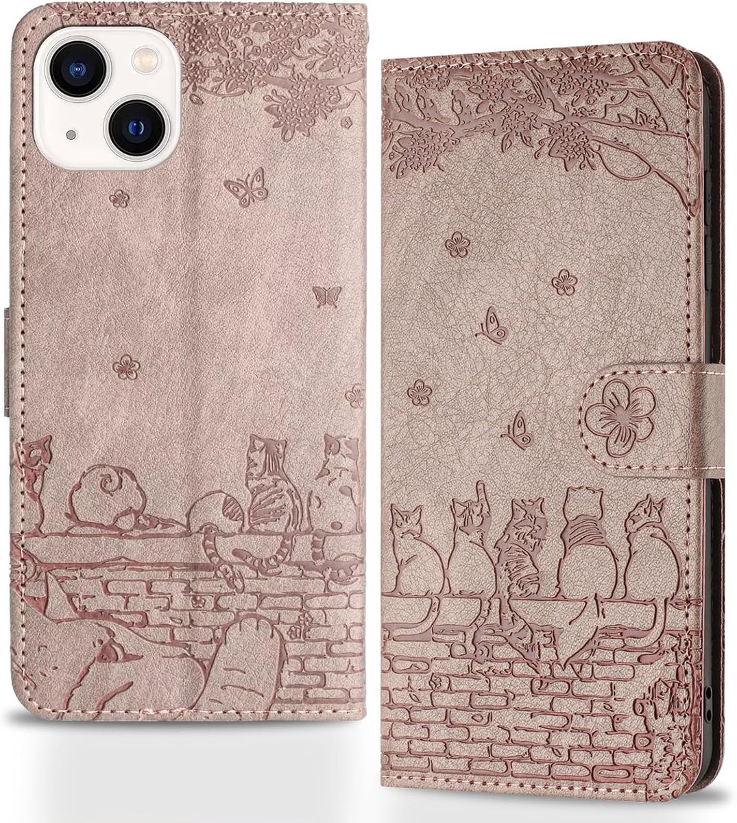 Hoes voor mobiele telefoon voor iPhone 13, hek, katten, inklapbaar, hoes, reliëf, PU-leer, portemonnee, beschermhoes, tas, flipcase, magnetische klaphoes met kaartenvak, standfunctie,