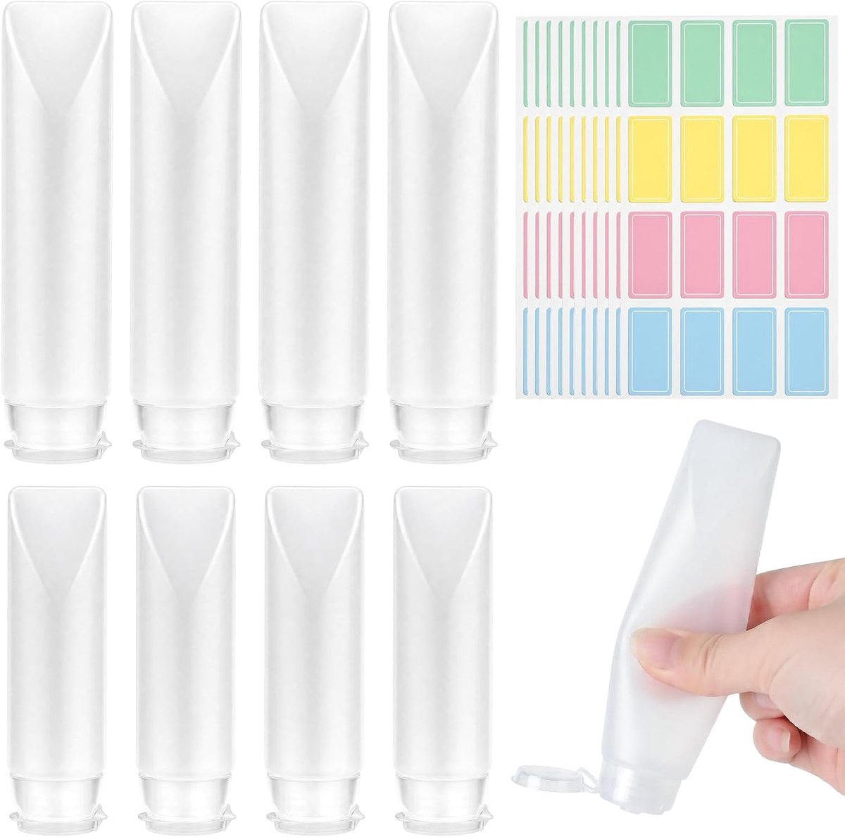 Set van 8 reisflessen om te vullen (4 x 50 ml, 4 x 30 ml), zachte PE-reisbuisjes met deksel en etiketten, lekvrije, transparante lege tubes om te vullen voor cosmetica