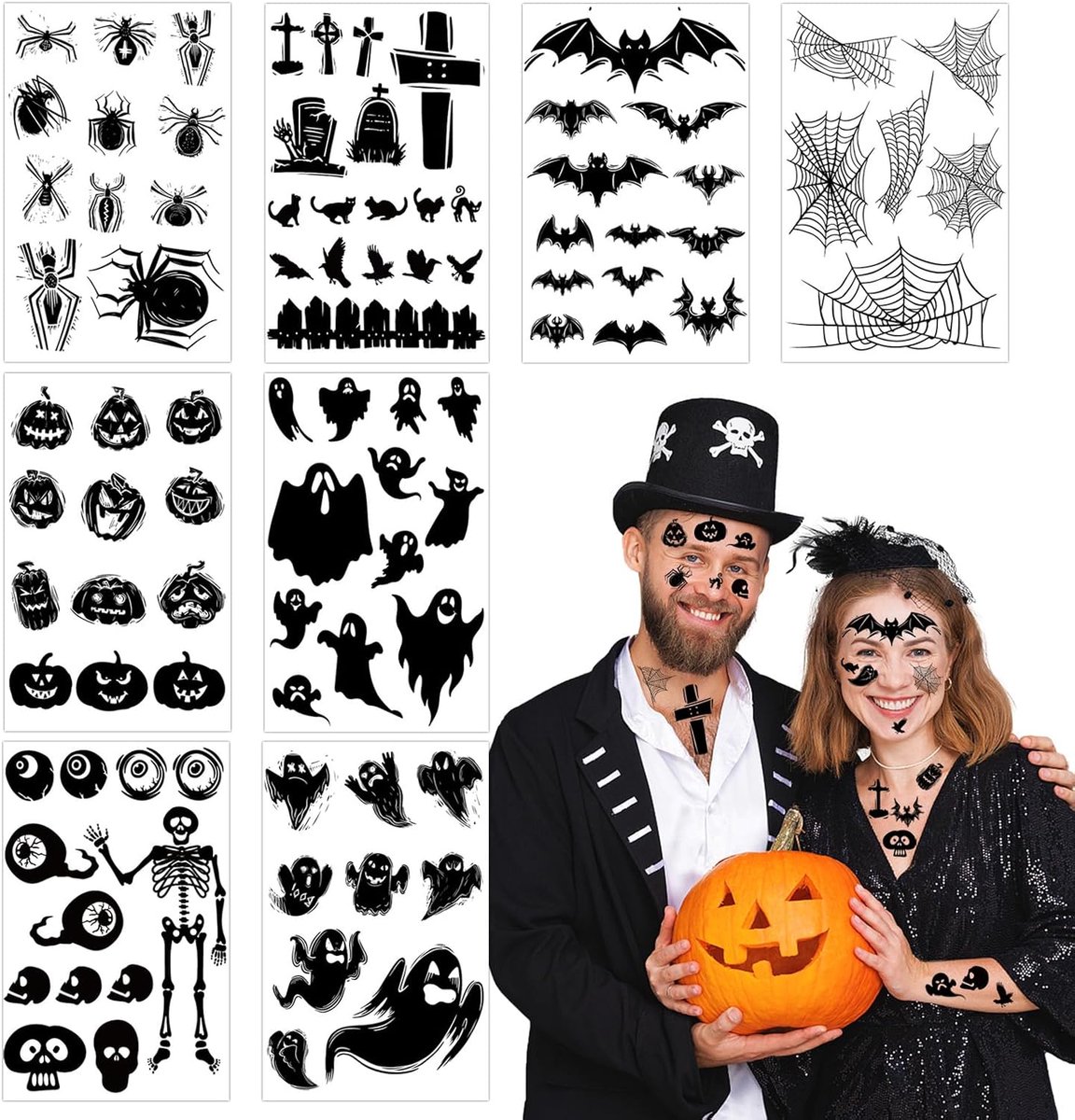 8 vellen Halloween-tattoo Kindertattoo, waterdichte Halloween-stickers zelfklevende tatoeages, realistische tijdelijke tatoeages nep-tatoeages voor cosplay feestdecoraties Halloween (A)