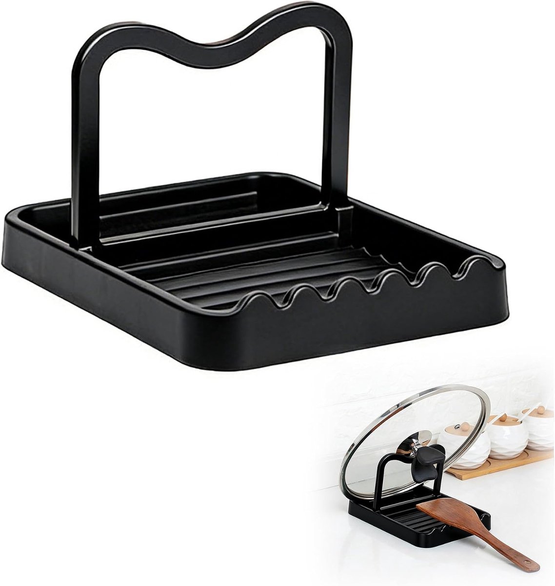 Opvouwbaar, lepelhouder met dekselhouder, duurzame kooklepelhouder, gemakkelijk te reinigen, dekselhouder keuken voor lepel, snijplank, tablet, zwart