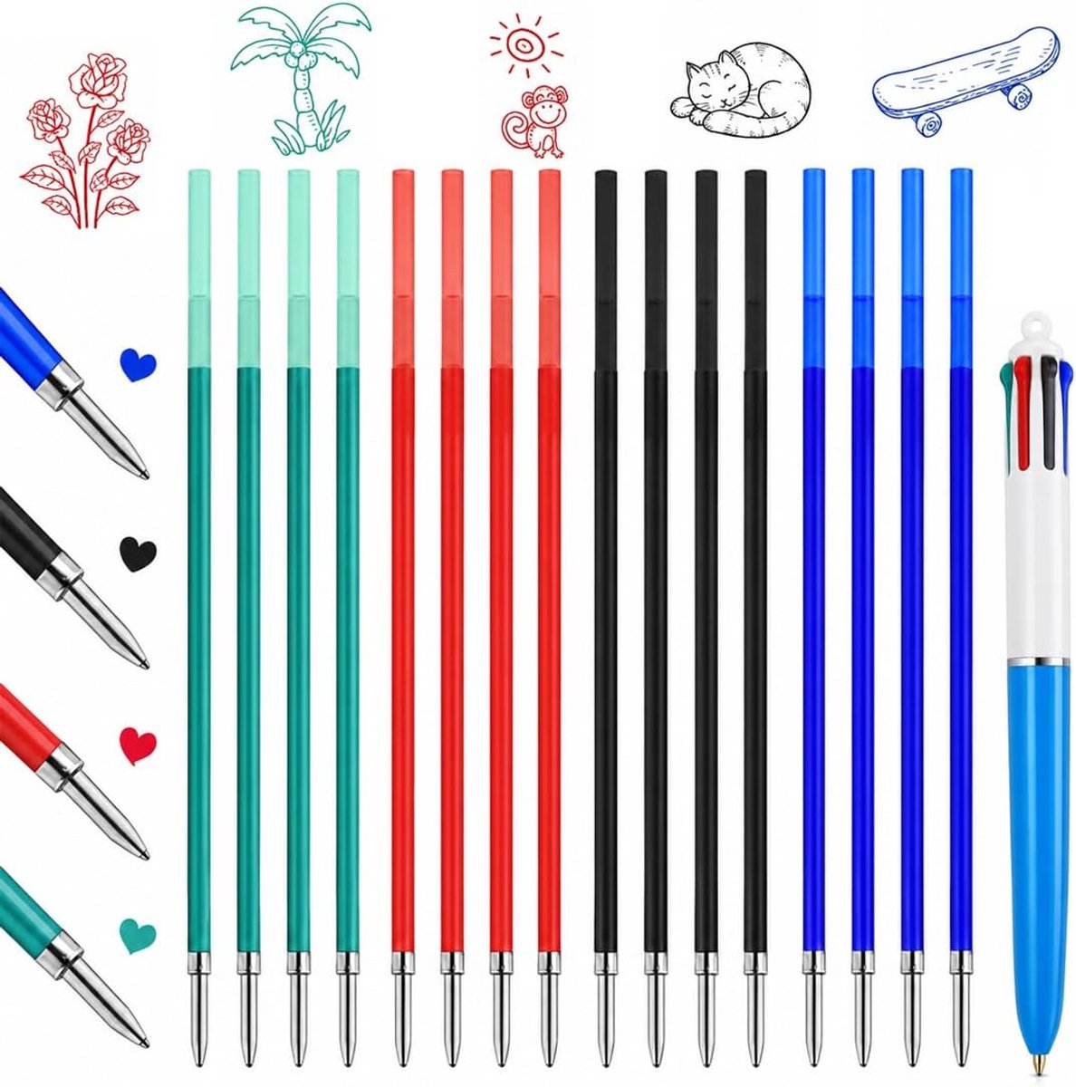 4 kleuren, assorti blauw/zwart/rood/groen - 16 stuks - voor bic penvulling 4 kleuren bic - gemiddelde punt (1,0 mm)