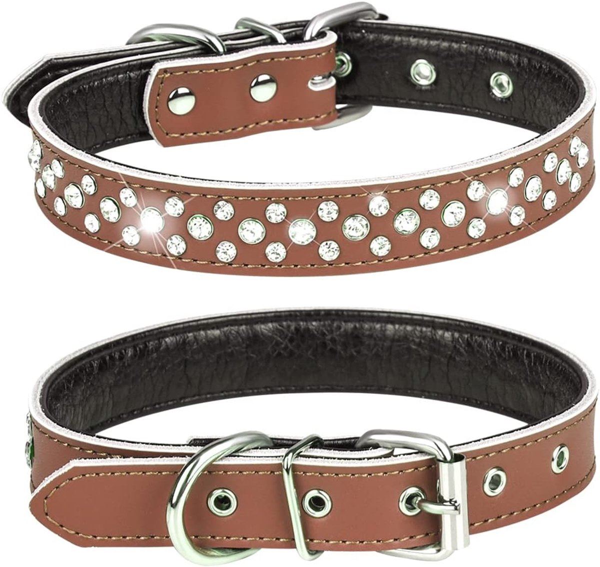 Hondenhalsband, verstelbare sprankelende kristallen bezaaid echt lederen halsband voor kleine en middelgrote honden (L, bruin)