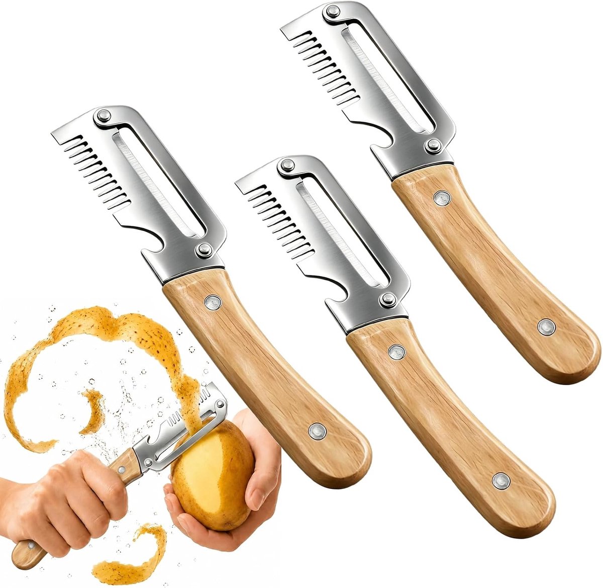 Set van 3 multifunctionele groenteschiller met houten handvat en flesopener