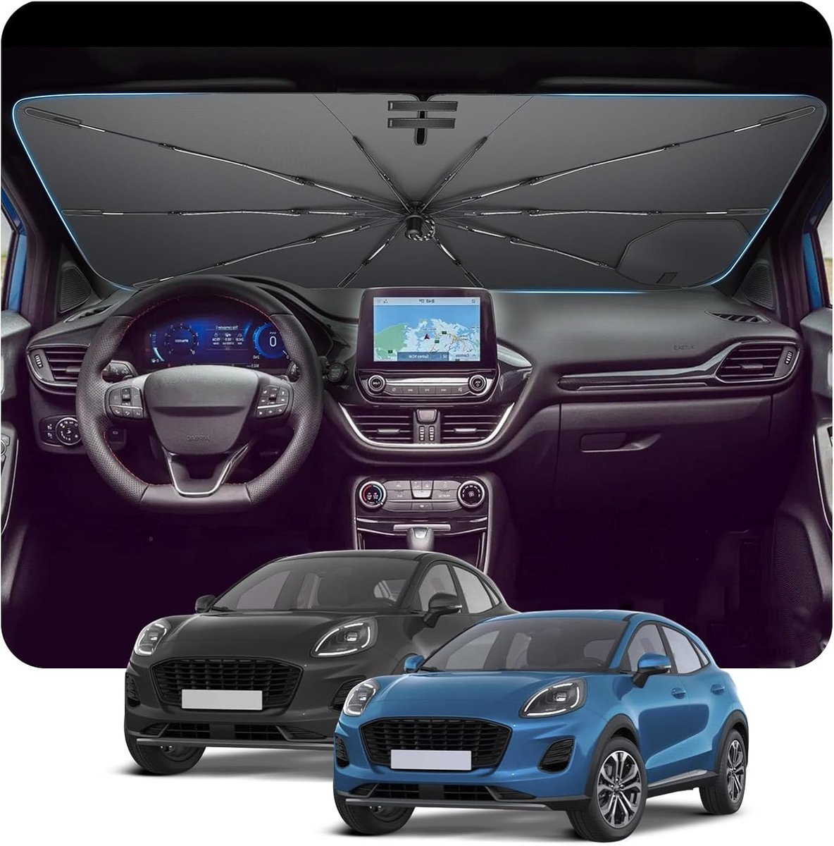 Voorruit voor Ford Puma MK2 2020-2026, nanosilicoon coating, UV-bescherming, bescherming tegen hoge temperaturen, inklapbare zonnebescherming