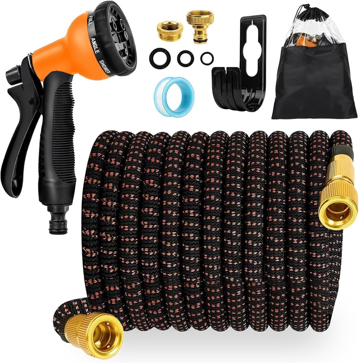 Tuinslang, uittrekbaar, 7,5 m, flexibele tuinslang met 8 functies, pistool, slangtuit met 1,9 cm (3/4 inch), 1/2 inch (9,5 cm), aansluitstuk, tuinirrigatie