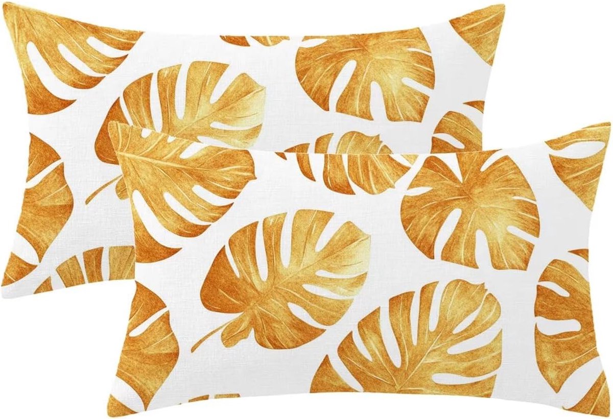 Set van 2 gouden kussenhoezen voor buiten, waterdicht, bladkussensloop, 50 x 60 cm, onzichtbare ritssluiting, waterdicht, fluweel, voor buiten, tuin, bank, terras, decoratie, cadeau voor dames model