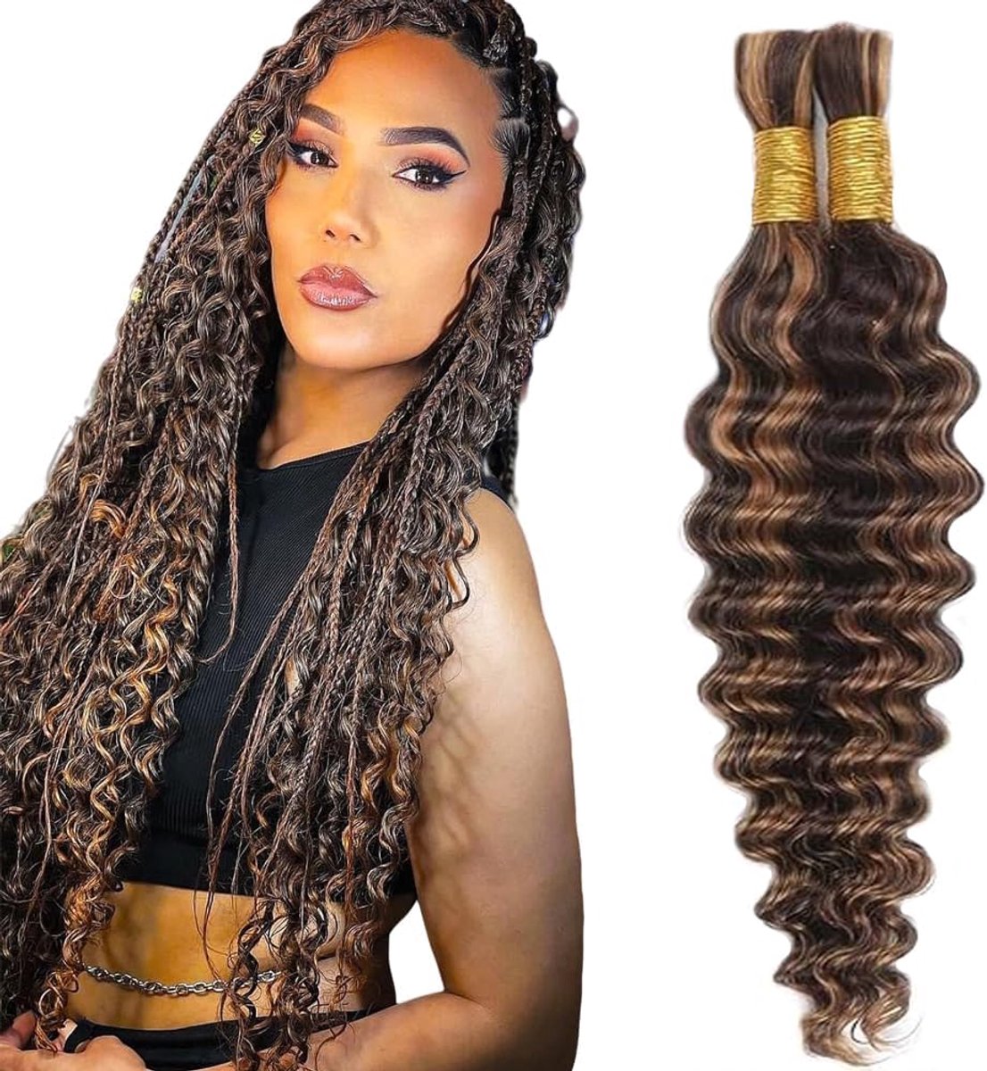 22 22 Inch Human Braiding Hair for Boho Braids P430 Highlight Brown Color Deep Wave Verlenging Van Menselijk Haar Bulk Human Hair Knotless 50g Per Bundle Totaling 100g