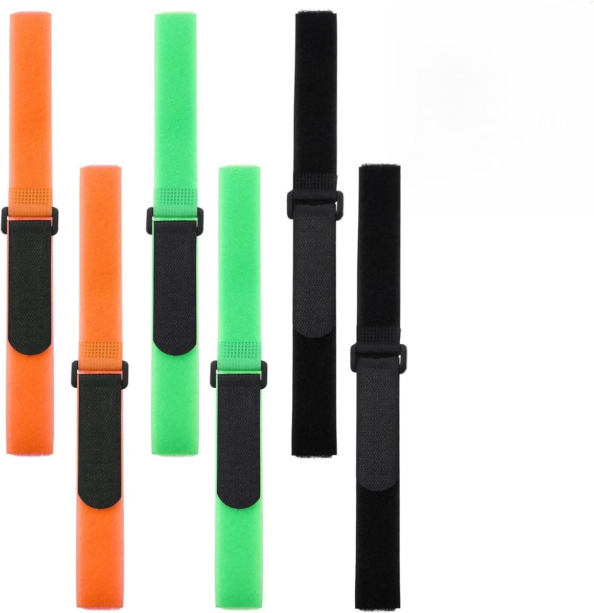 6 Stuks Fietsendragers Straps, 60×2 cm Verstelbare Fietswiel Stabilisatiebanden met Haak, Fietsbevestigingen voor Kampeerspullen en Yogamatten (Zwart, Groen, Oranje)