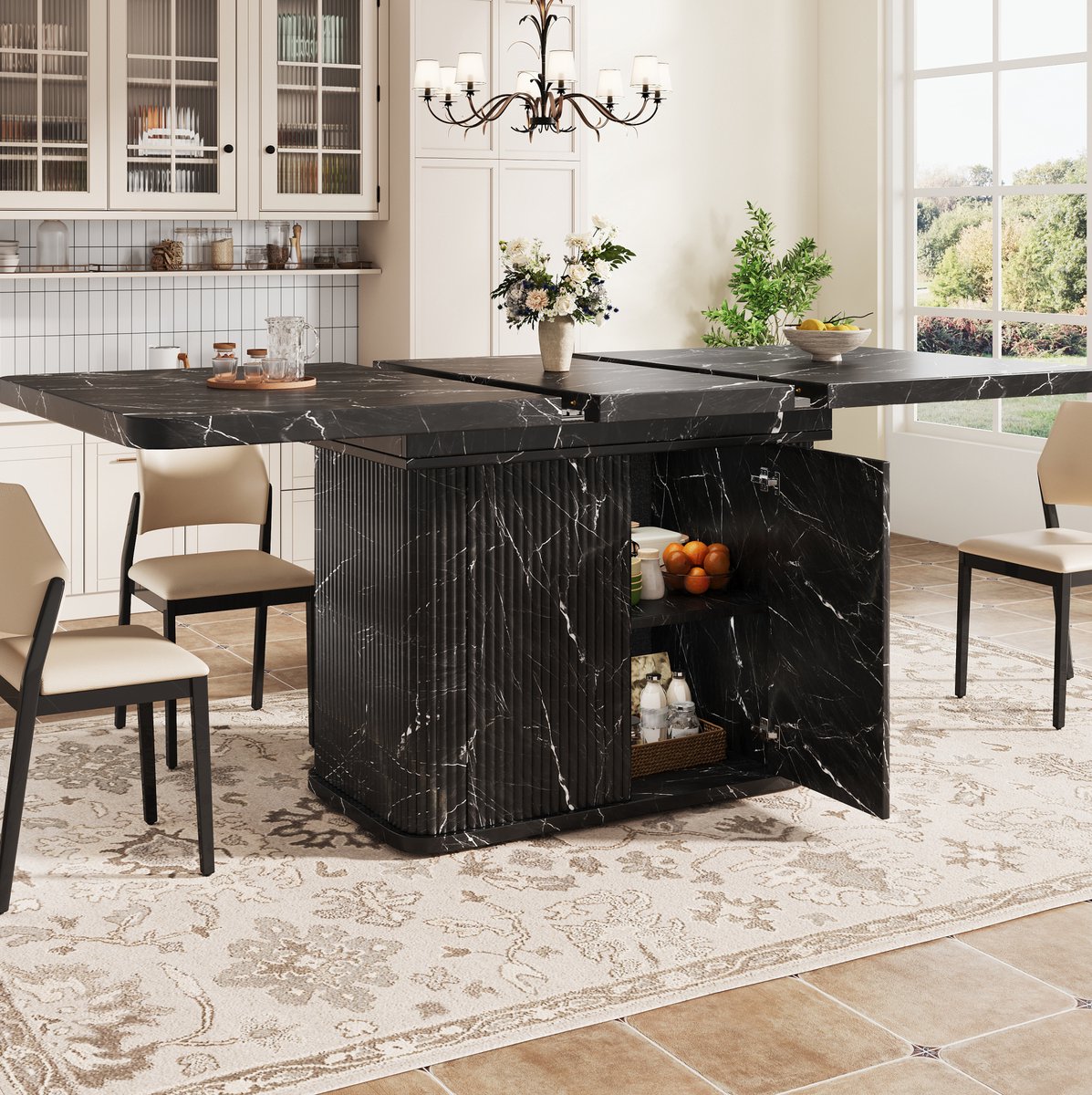 MODFU Eettafel - Uitschuifbaar - Verborgen Opbergruimte - Zwart - 140-180 Cm