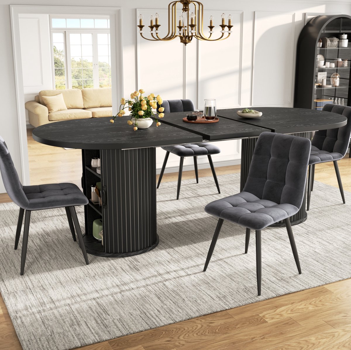 MODFU Uitschuifbare Eettafel - Verborgen Opbergvak - Modern - MDF En Metaal - Zwart - 150-190 Cm