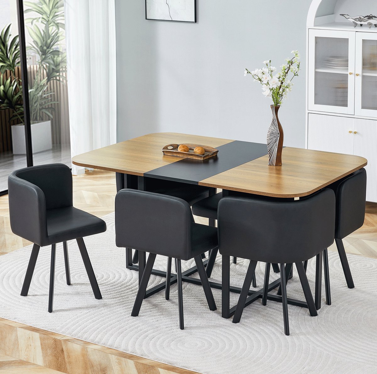 MODFU - Eettafelset - Uitschuifbaar - Modern - MDF En Metaal - Zwart En Houtkleur