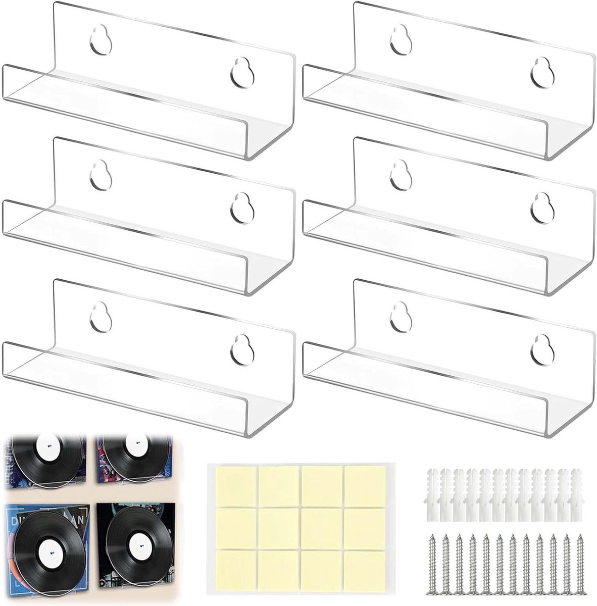 Transparante Acryl Wandmontage voor 6 Vinyl Platen, CD Houder en Fotoboeken - Ruimtebesparende Platenrek voor Collecties en Decoratie