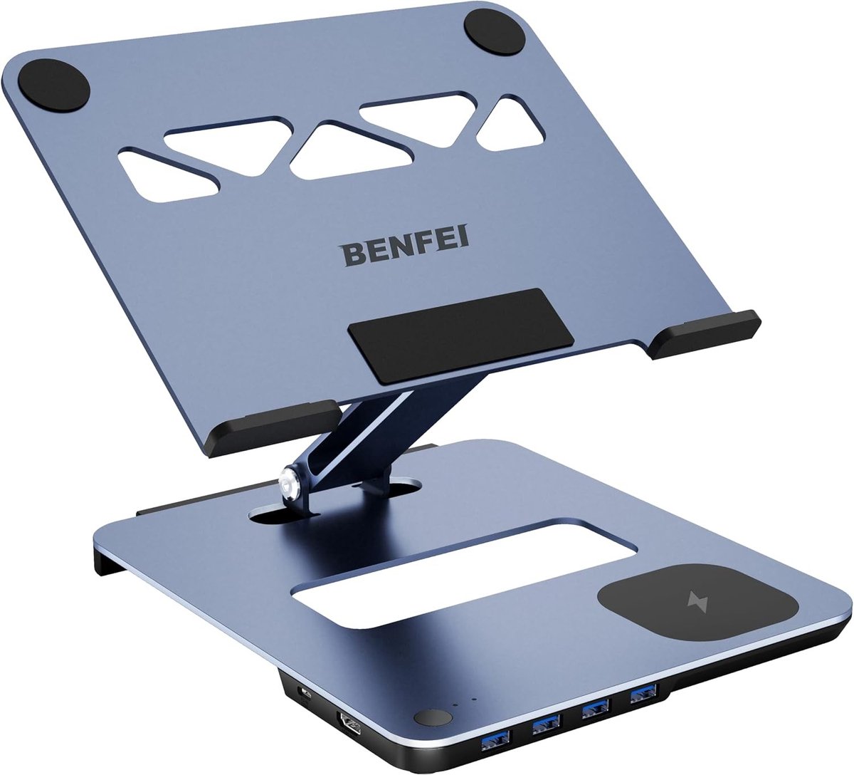 Laptopstandaard met USB C Docking Station, 15W Draadloze Oplader, HDMI 4K en KVM Switch voor MacBook, iPad en meer