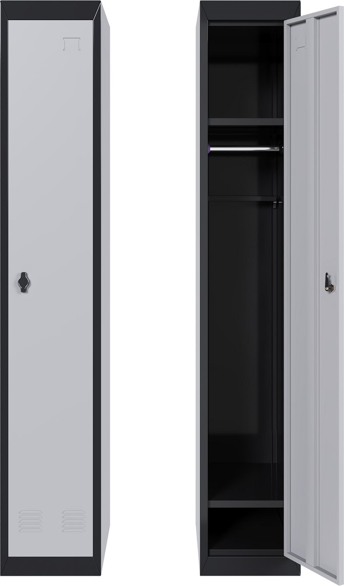 Smalle Metalen Kluisjeskast met 1 Vergrendelbare Deur en Sleutel - 180 cm - Roestbestendige Stalen Opbergkast - 2 Legplanken en Kledingroede - Zelf te Monteren - Voor Kantoor School Sportschool en Garage