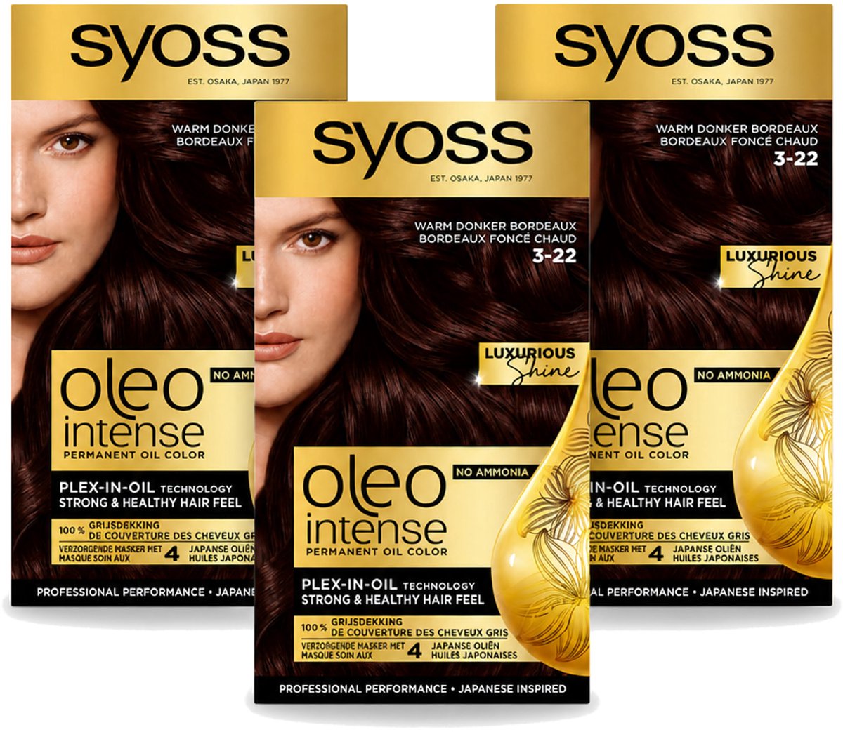 3 x SYOSS - Oleo Intense 3-22 - Haarverf - Permanente Haarkleuring - Warm Donker Bordeaux - Langdurige Kleur - Voordeelverpakking - 3 stuks