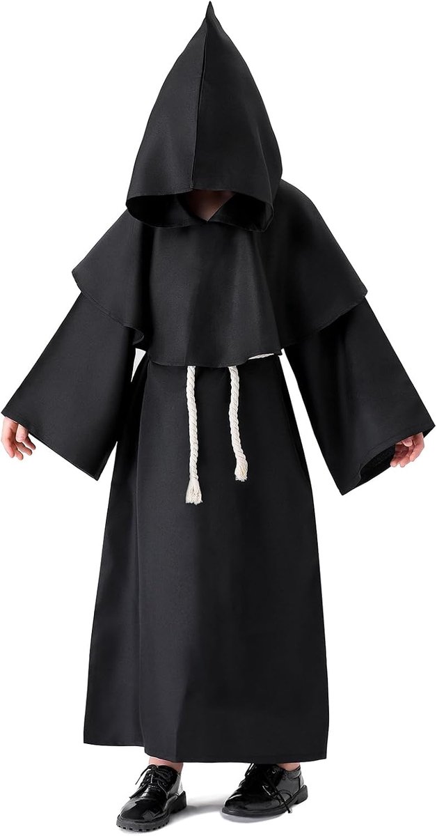 Monnik-Priester, Tuniek voor Kinderen, Middeleeuwse Renaissance, Kostuum met Capuchon, Cape, Kruis, Zwart