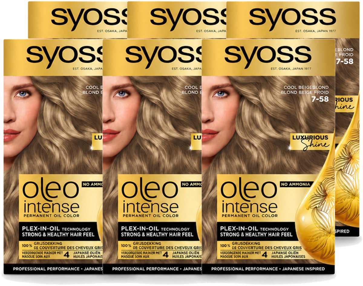 6 x SYOSS - Oleo Intense 7-58 Cool Beige Blond - Haarverf - Zonder Ammoniak - Grijsdekking - Langdurige Kleur - Voordeelverpakking - 6 stuks