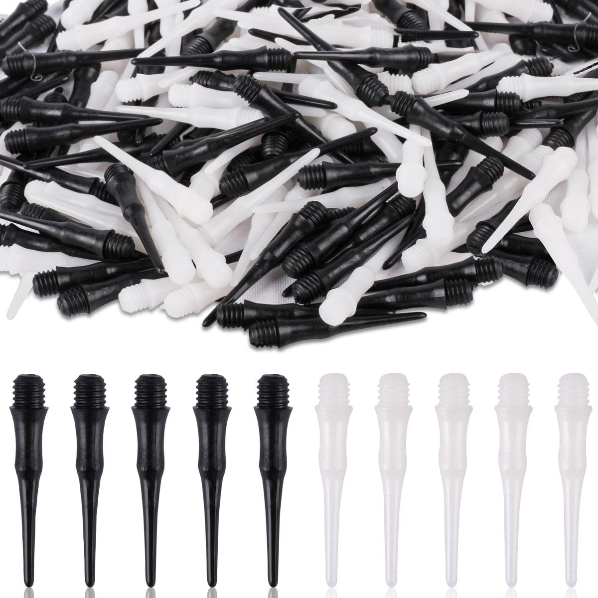 200 stuks dartpunten kunststof, zwart en wit dartpunten, zachte softdartpunten, 2BA schroefdraad dartpijlpunten, dartpunten kort, softdart-reservepunten