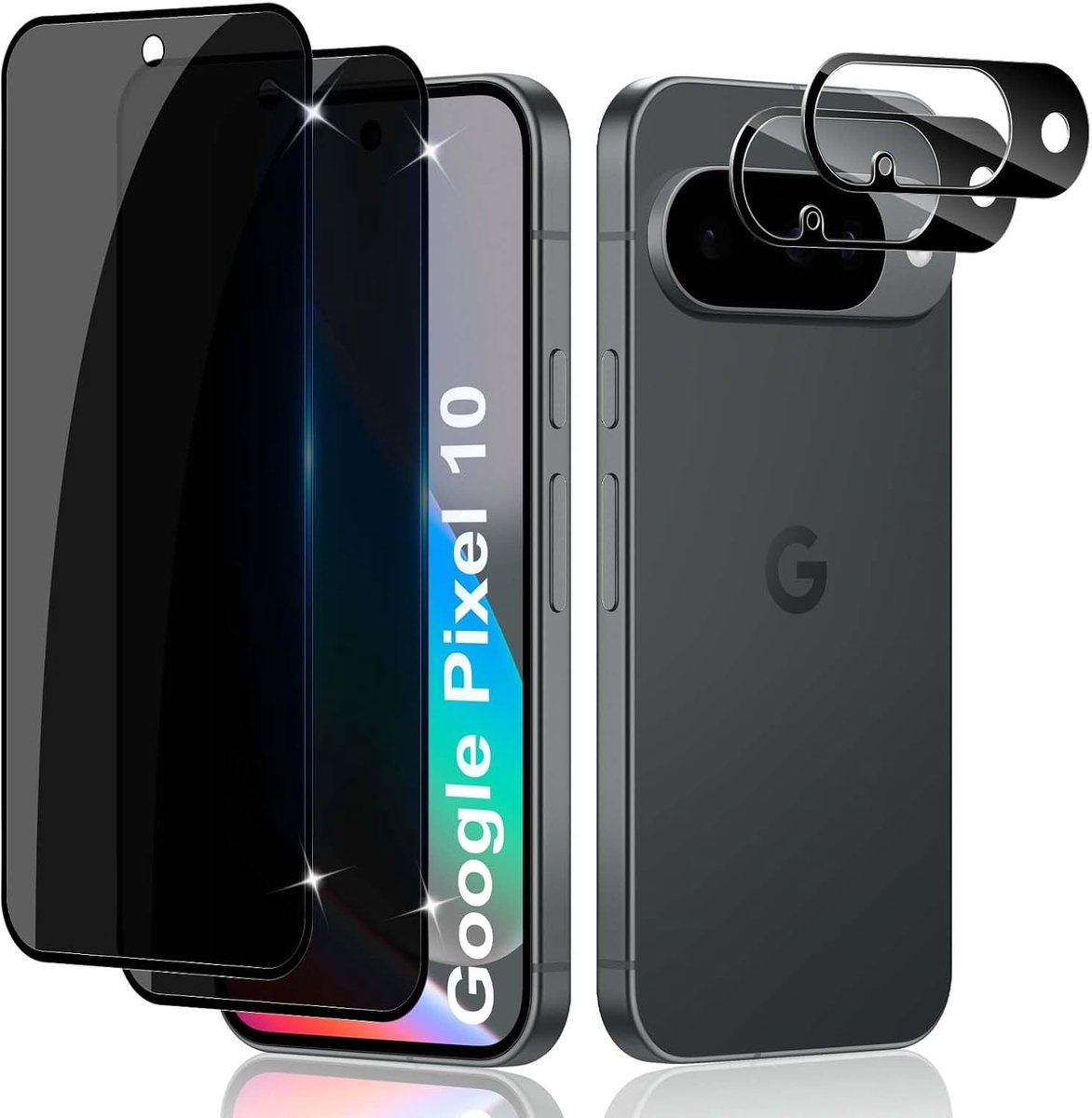 Glass Spy Cover for Google Pixel 10, 2pcs Privacy Screen Protector & 2pcs Rear Camera Cover, Hardness 9H Glass Privacy Film