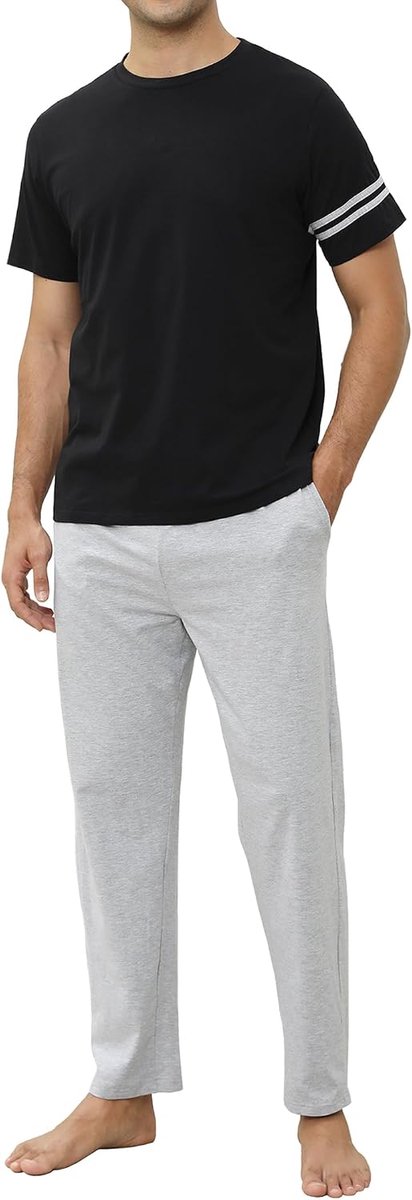 Zomerpyjama voor heren, tweedelig, nachtkleding, T-shirt met korte mouwen en broek met zakken, zacht en licht, maat S-XXL