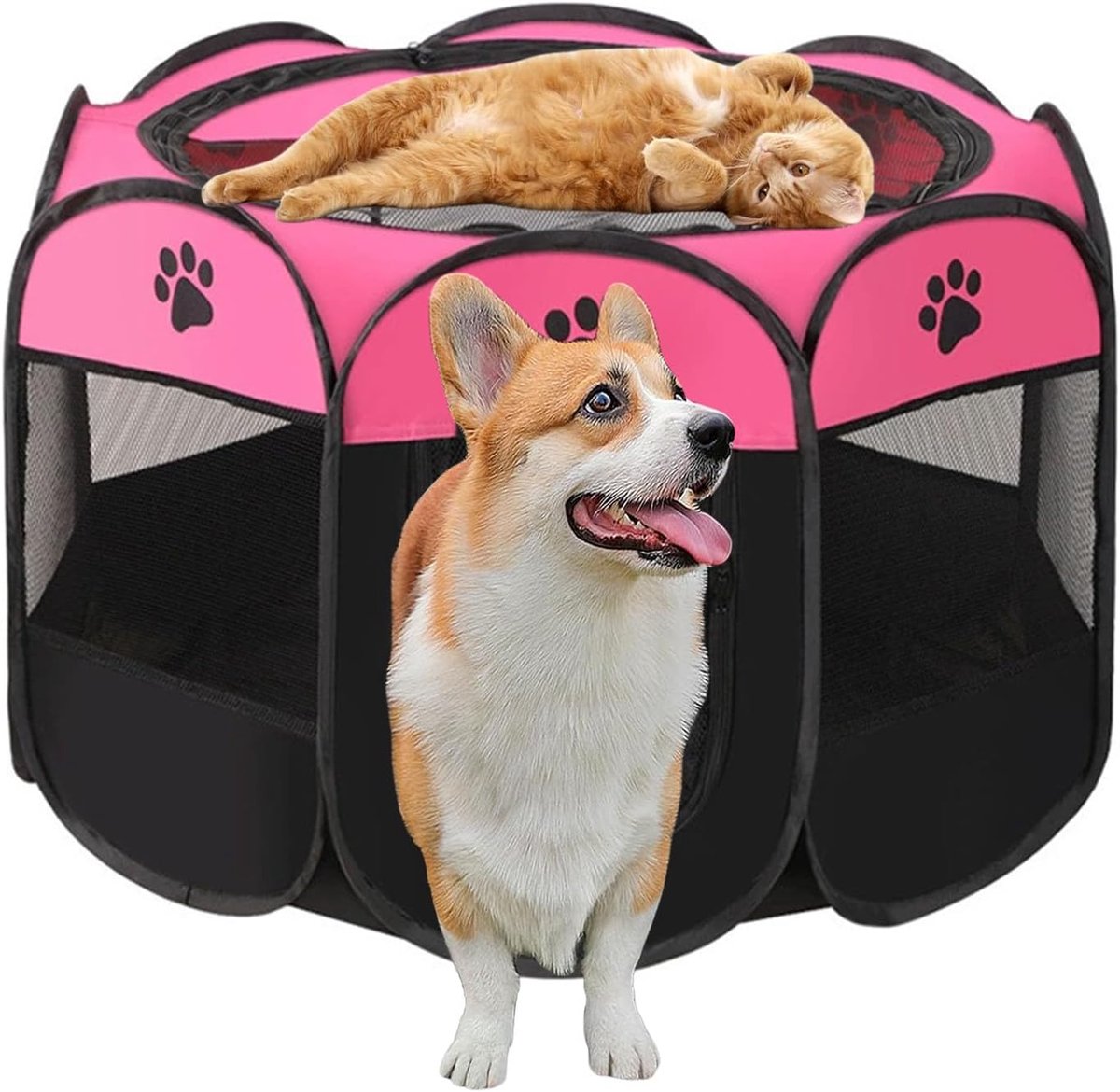 Puppyuitloop, 91 x 91 x 58 cm, hondenhok, opvouwbaar, kattenhok voor woning, puppyren voor binnen, waterdichte Oxford-doek voor honden, katten, konijnen (roze)