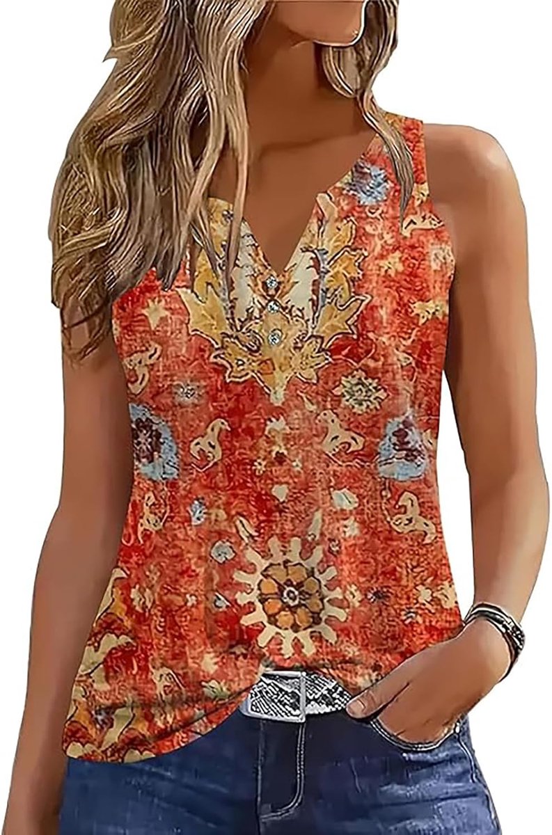Tanktop voor dames, mouwloos, V-hals, zomer, tanktops, knoop aan de voorkant, losse tuniek, shirt, vest, blouse
