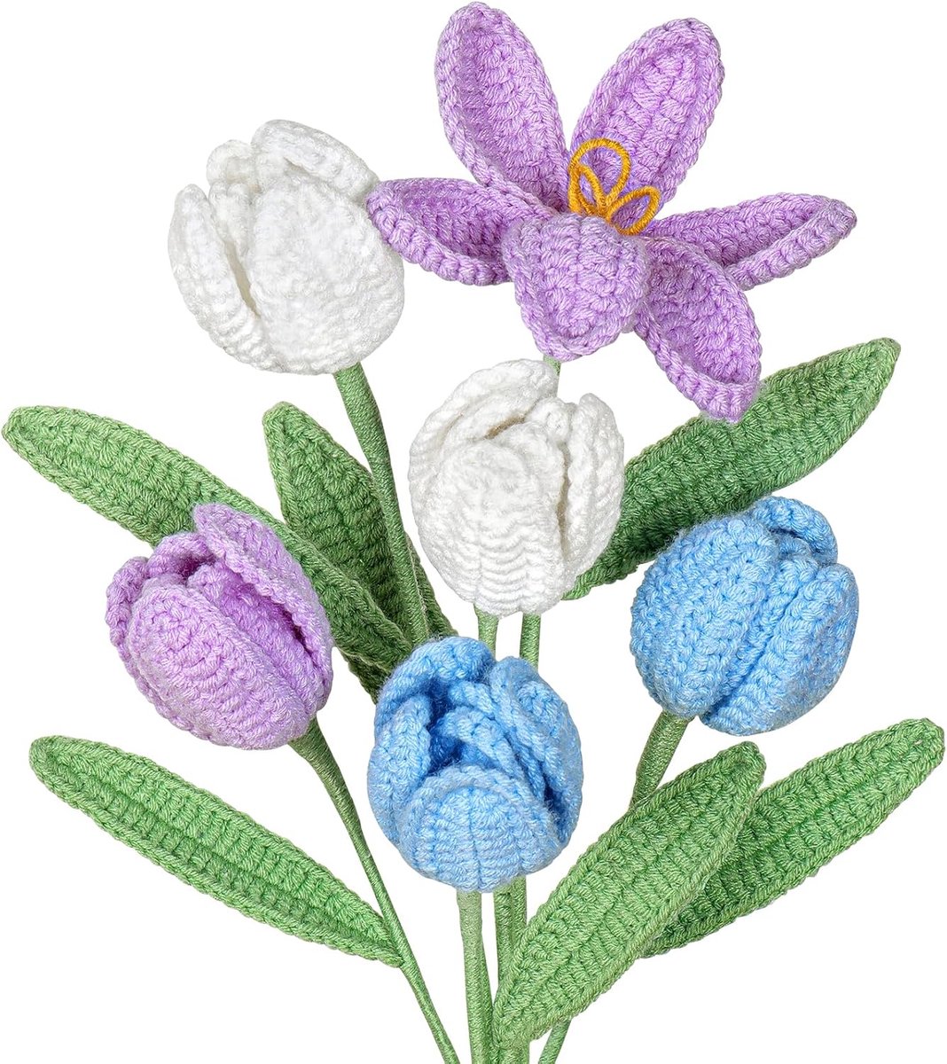 Bloemen, 41 cm, kunsttulpen, boeket, kunstbloemen zoals echte handgemaakte bloemen, kunsttulpen, kleurrijke gehaakte bloemen voor mama, verjaardag, bruiloft, kantoor, decoratie (wit
