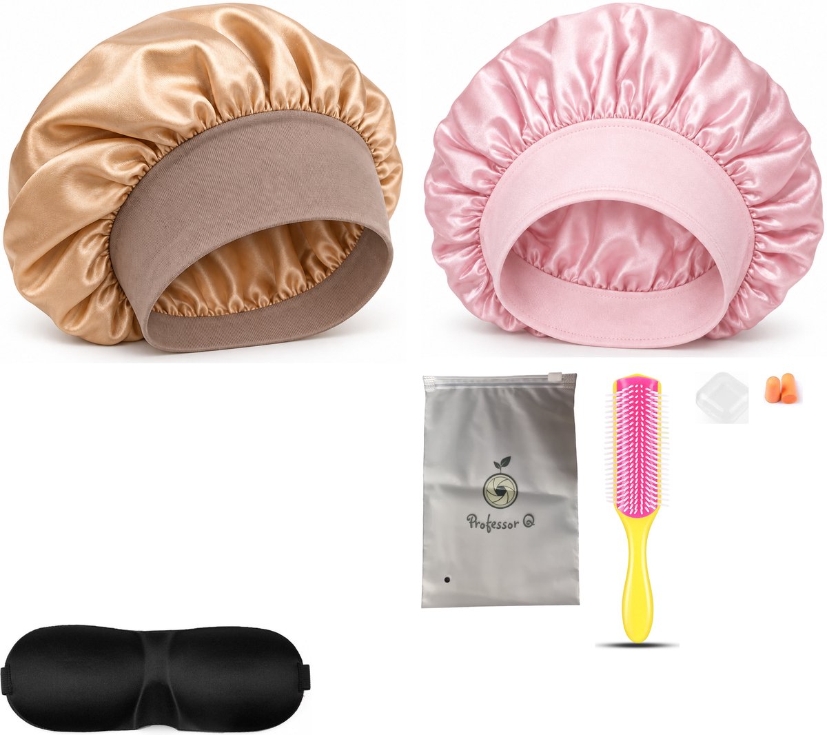 Professor Q Haarverzorgingsset - Bonnet Roze - Bonnet Goud - Fusion Pink Borstel - Slaapmasker Zwart