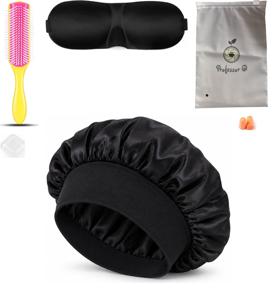 Professor Q Haarverzorgingsset - Bonnet Zwart - Fusion Pink Borstel - Slaapmasker Zwart