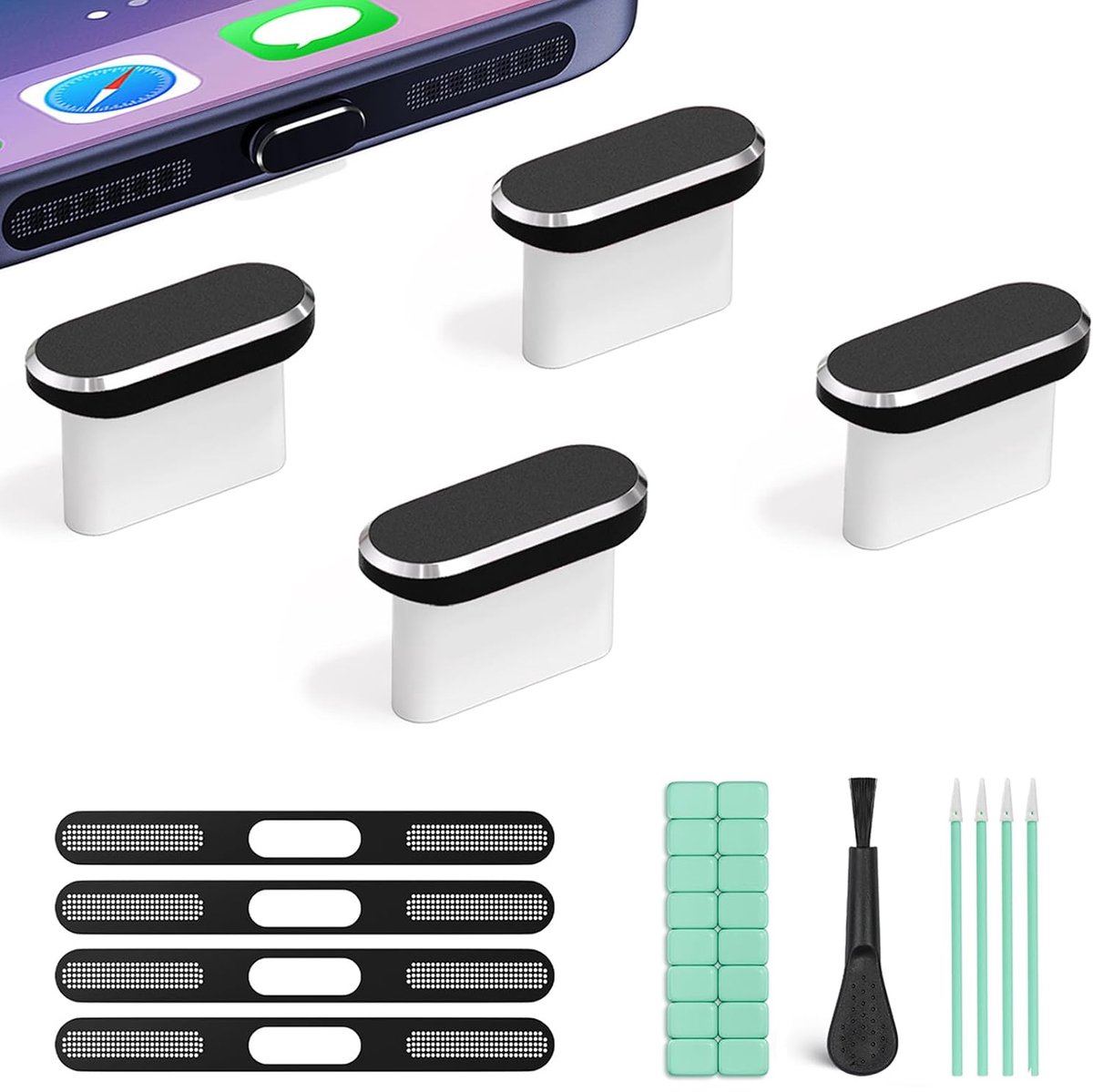4 stuks USB-C Stofplugs (Voor iPhone 17 Pro-Zwart)