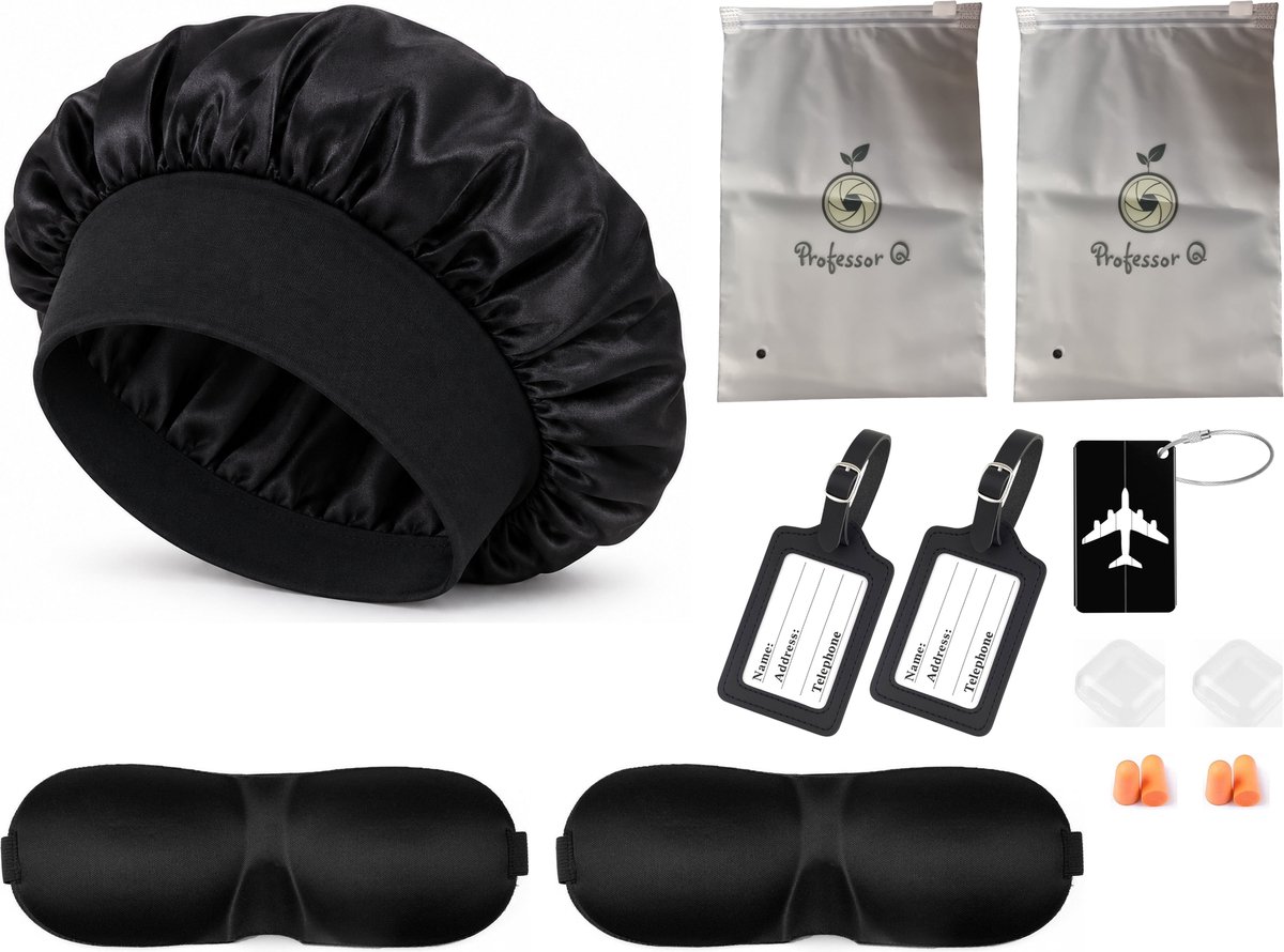 Professor Q Reisset Duo - Aluminium Kofferlabel Zwart - 2 PU-Kofferlabels Zwart - 2 Slaapmasker Zwart - Bonnet Zwart