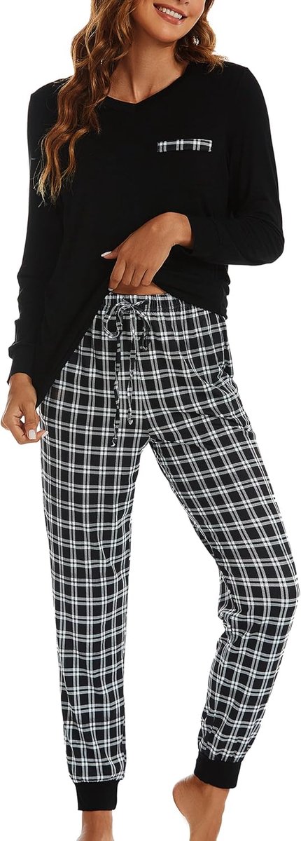 Pyjama set voor dames dames pyjama tweedelige pyjama sets lange mouwen winter pyjama set V-hals tops en geruite broek nachtkleding