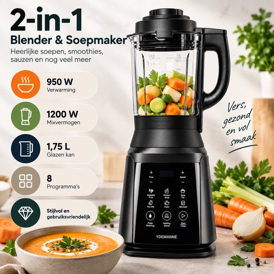Multifunctionele Soepmaker & Blender - 1.75 Liter - 1200W - 8 Programma’s - Glazen Kan - Verwarmings- & Schoonmaak Functie van KitchenBrothers — afbeelding 2