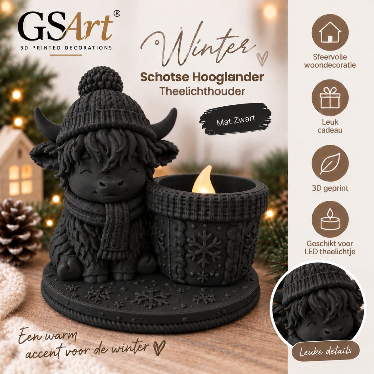 GSArt Theelichthouder Schotse Hooglander Winter – inclusief LED-kaarsje - Mat Zwart