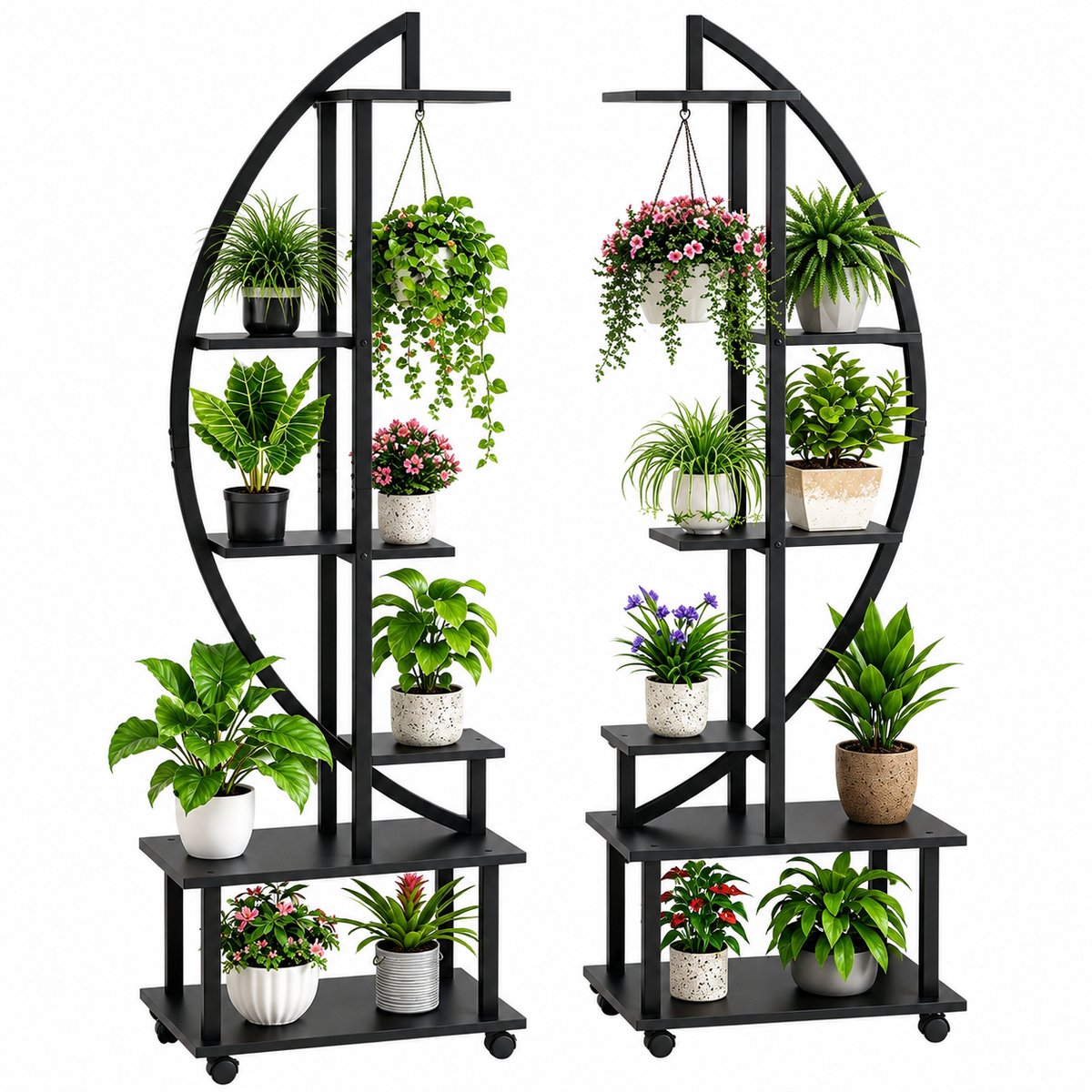 Veya Plantenrek - Plantenrekken - Bloemenrek - Binnen - Zwart - Metaal - 18 Potten - Verrijdbaar - 56x30x175 cm - Ruimtebesparend