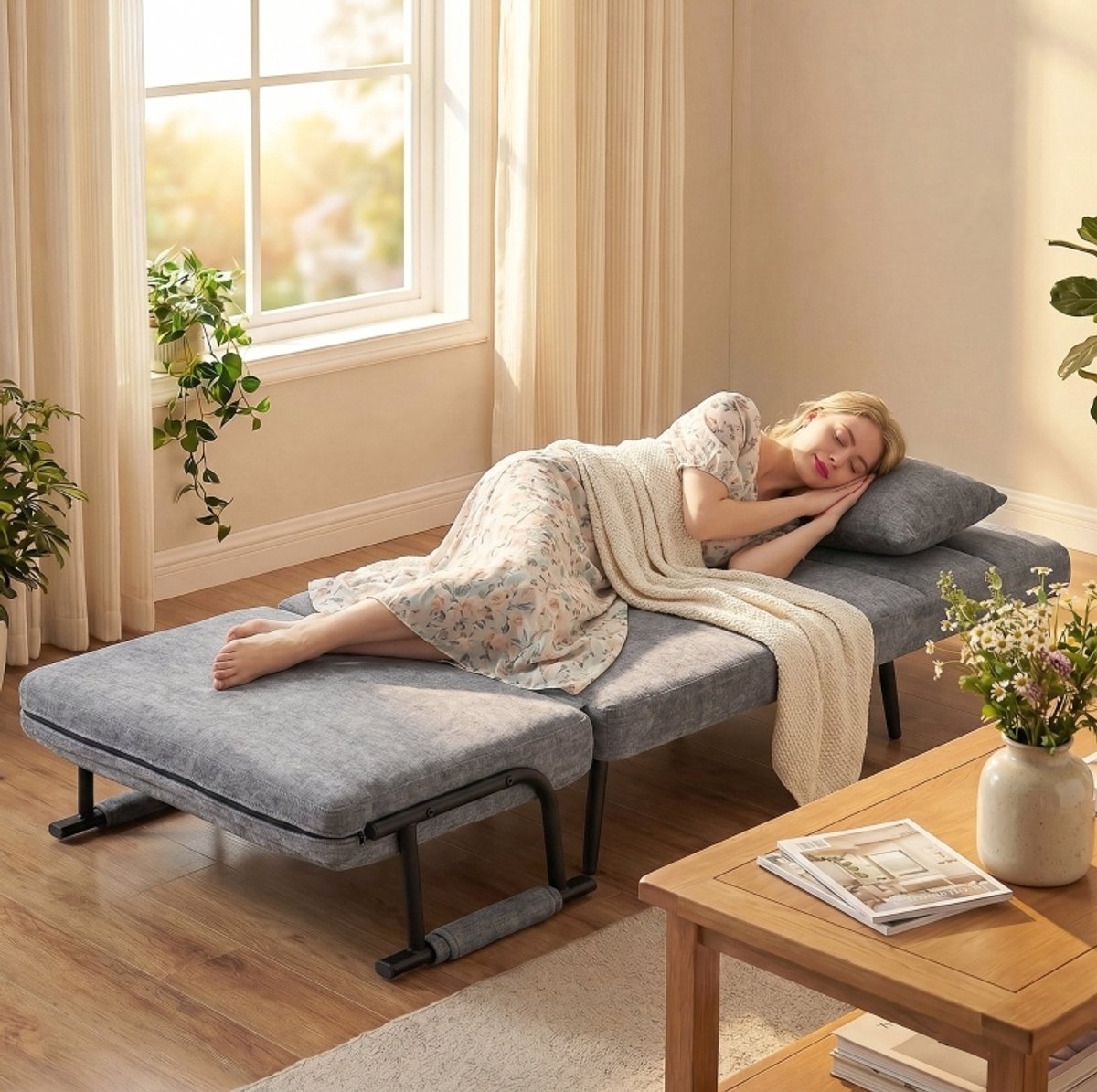 DESMIU Fauteuil - 3-In-1 Klapbaar Met Slaapfunctie - Handmatig Verstelbare Rugleuning - Chenille - 73x67x96 Cm - Grijs