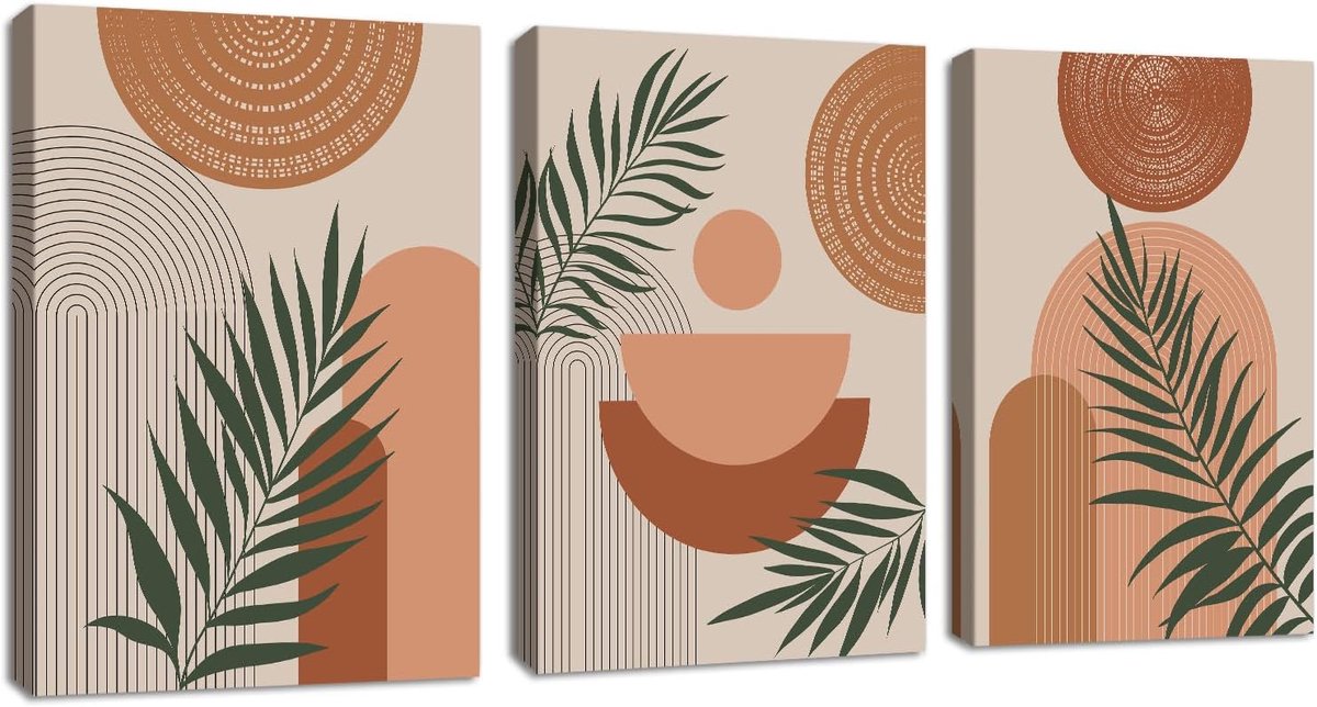 3 stuks boho, geometrische lijnen, moderne afbeeldingen, decoratie met frame, terracotta, esthetische planten, bladeren, afbeelding en lamellen, Scandinavisch minimalistisch canvas, woondecoratie