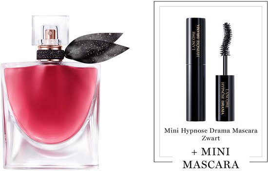 Lancôme La Vie est Belle Elixir Eau de Parfum fles met rode vloeistof en zwarte strik, met daarnaast een mini Hypnose Drama mascara in de kleur zwart.