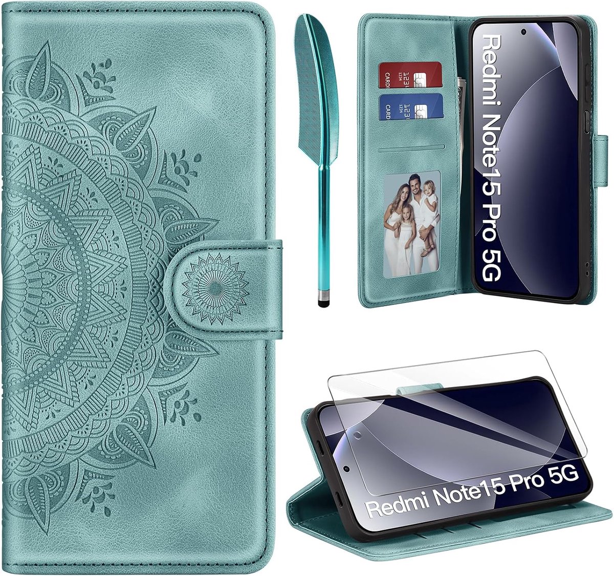 lederen hoes voor Xiaomi Redmi Note 15 Pro 5G, inclusief beschermfolie, premium klapperhoes met flip wallet, [kaartsleuf] [PU-leer] [standaard] beschermhoes voor Redmi Note 15 Pro 5G, groen