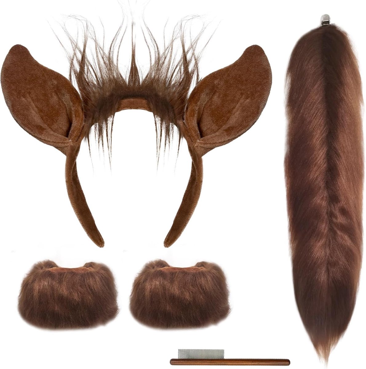 4 stuks bruin paardenkostuum set paardenoren-hoofdband staart armband haarkam paardenaantrekaccessoires voor jongens en meisjes, volwassenen, Halloween, Kerstmis, dierenthemafeesten