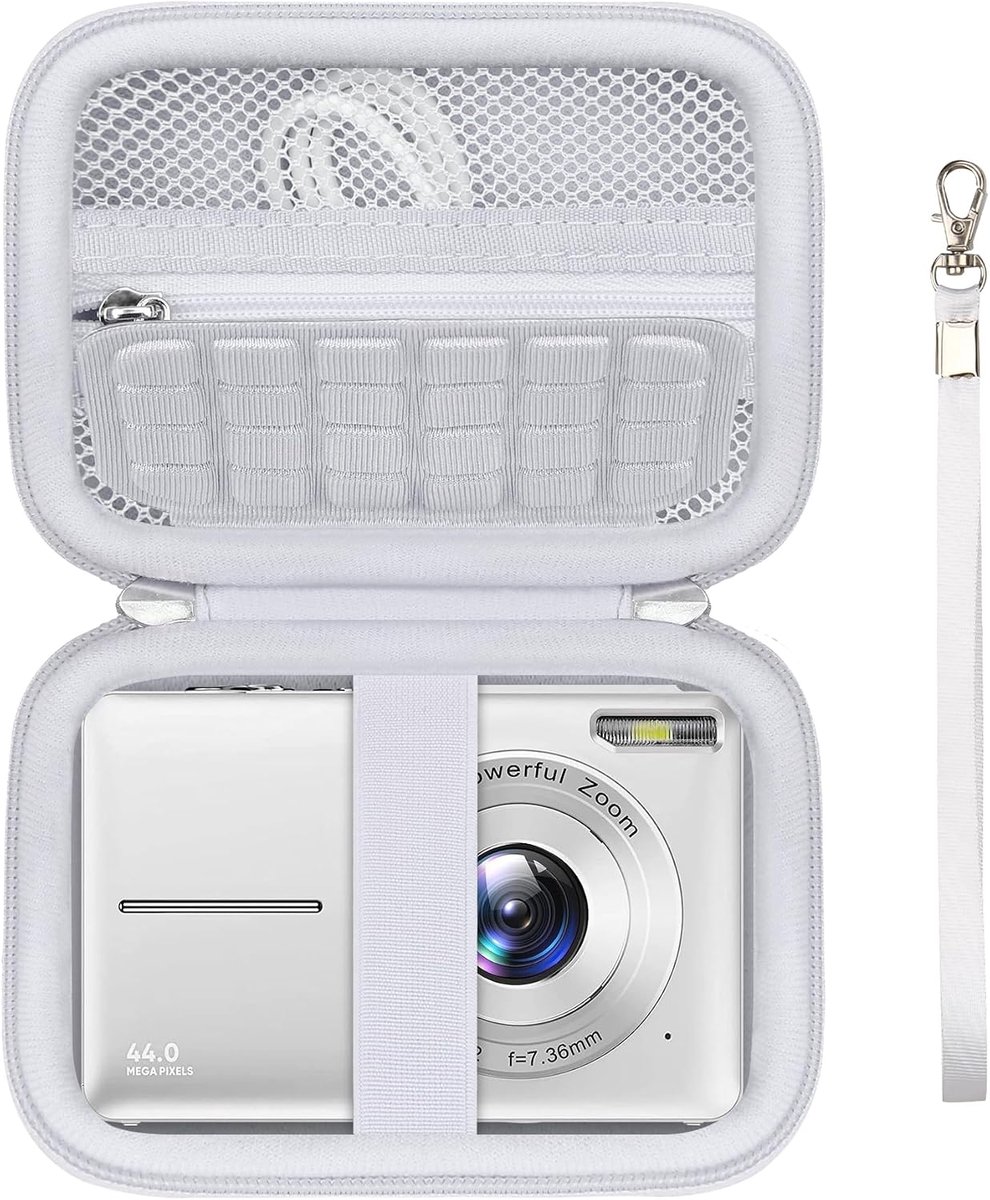 draagtas voor CAMKORY/voor Kodak PIXPRO FZ55 FZ45/ voor IXNAIQY/voor VAHOIALD digitale camera, digitale punt en schiet camera opslaghouder reistas met mesh zak voor batterij, SD-kaart, Wit