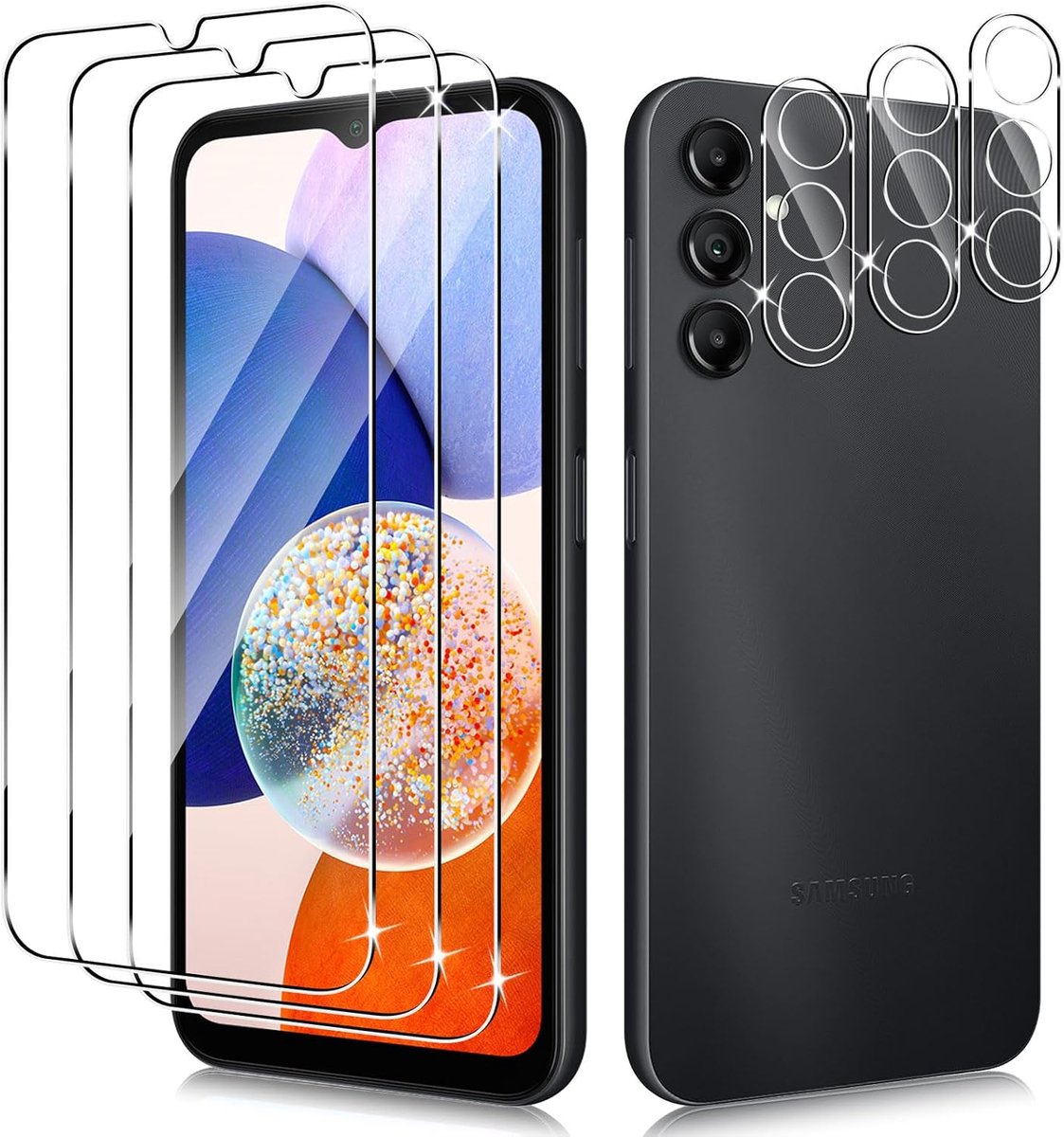 Beschermfolie voor Samsung Galaxy A14 5G/4G, 3 stuks gehard glas, beschermfolie met 3 stuks camerabescherming, 9H displaybescherming, ultrahelder veiligheidsglas