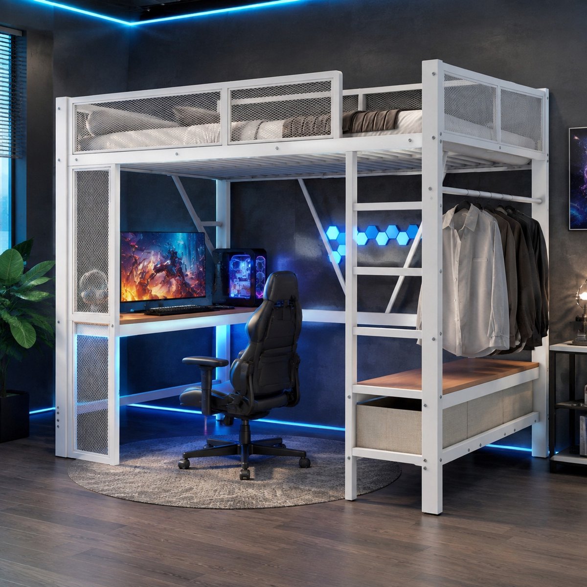 WUVRIE Hoogslaper 140x200 cm met bureau, open kledingkast, 3 lades, LED en USB, wit