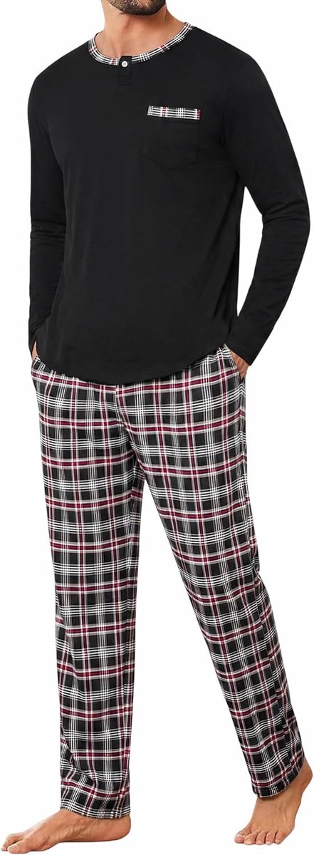 Pyjama voor heren, katoenen pyjamaset met lange mouwen, top met ronde hals en geruite broek met zakken, winterloungewear voor thuis, casual, S-4XL