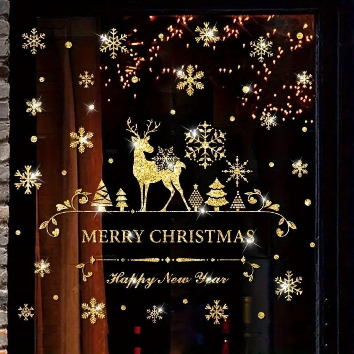 Raamafbeelding Kerstmis, Happy New Year, Merry Christmas, rendier goud, glitter, feestdecoratie, zelfklevend voor glazen deuren en ramen, kerstraamstickers, raamstickers