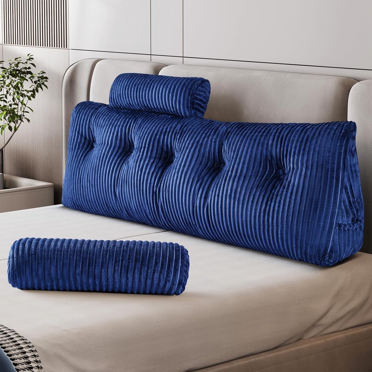 Boekenkussen, wigvormig kussen, leeskussen voor bed en bank, gezellig rugkussen, praktisch zijvak, verwijderbare hoes, met rond hoofdkussen (blauw, 150 x 50 x 20 cm)