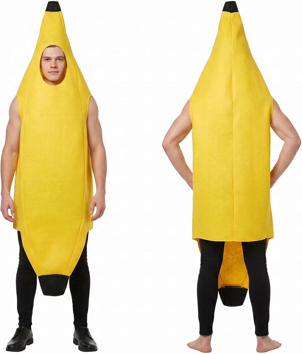 Bananenkostuum voor volwassenen, uniseks, grappig eten, eenheidsmaat, 150 - 170 cm, feestkleding met fruitig thema voor carnaval, Halloween, vrijgezellenfeest, show