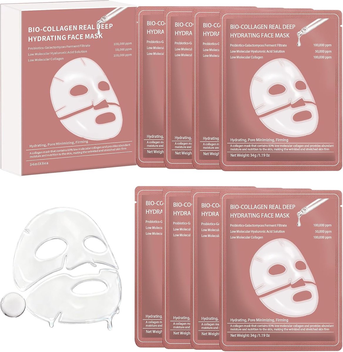 8 stuks biologische collageen Real Deep Mask, collageen masker Koreaans, diep effectief